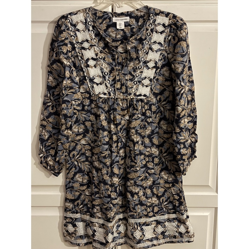 Lucky Brand Navy Blue Floral Embroidered Boho Mini Dress Long Sleeve Small